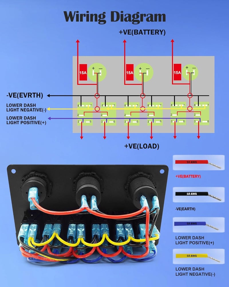 THALASSA Marine Boat Rocker Switch Aluminum Panel Waterproof with 6 Gang Blue LED Switches, 3.1A Dual USB Outlet, Red Digital Voltage Display, DC 12V Car Power Socket for Car Truck RV Vehicles Yacht - Image 2